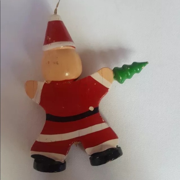 Vintage WOODEN SANTA CLAUS TREE ORNAMENT WITH SMALL TREE 3 1/2" • pre-owned - Picture 3 of 7